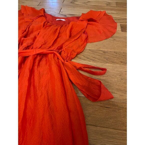 Calvin Klein Women's Red Ruffle Sleeve lined silk scoop neck tied waist Dress 2 - Picture 3 of 9